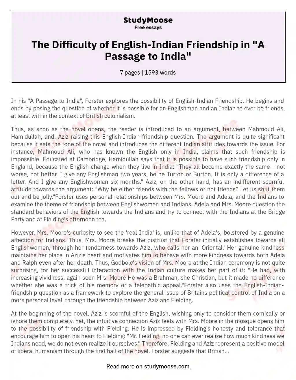 The Difficulty of English-Indian Friendship in "A Passage to India" essay