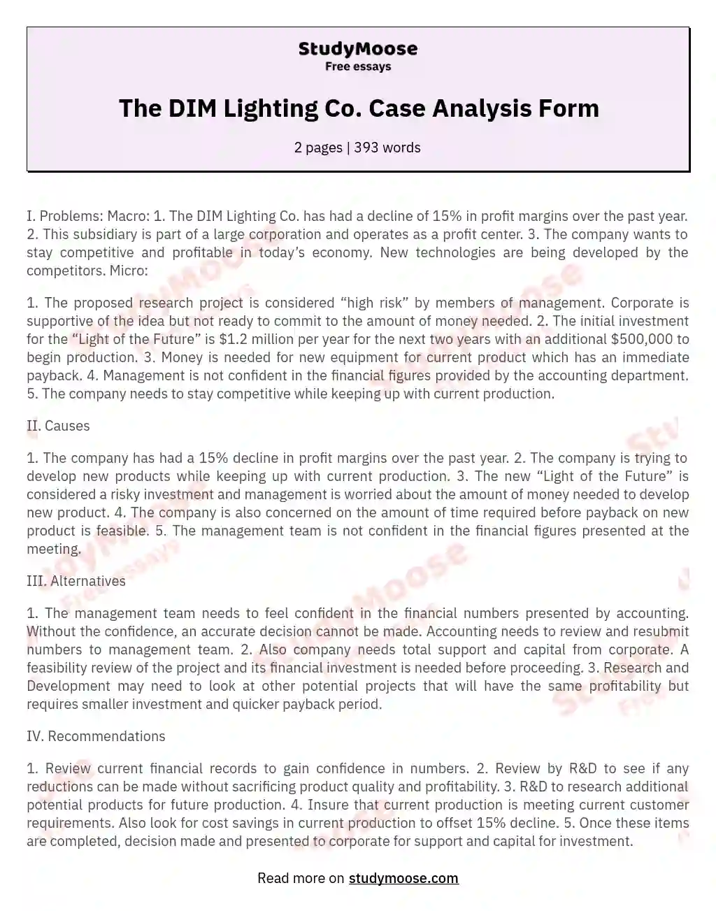 The DIM Lighting Co. Case Analysis Form essay