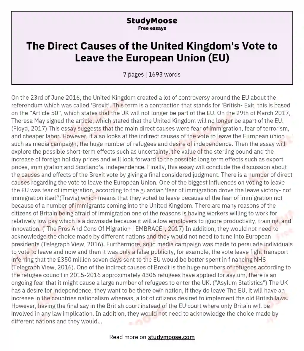 The Direct Causes of the United Kingdom's Vote to Leave the European Union (EU) essay