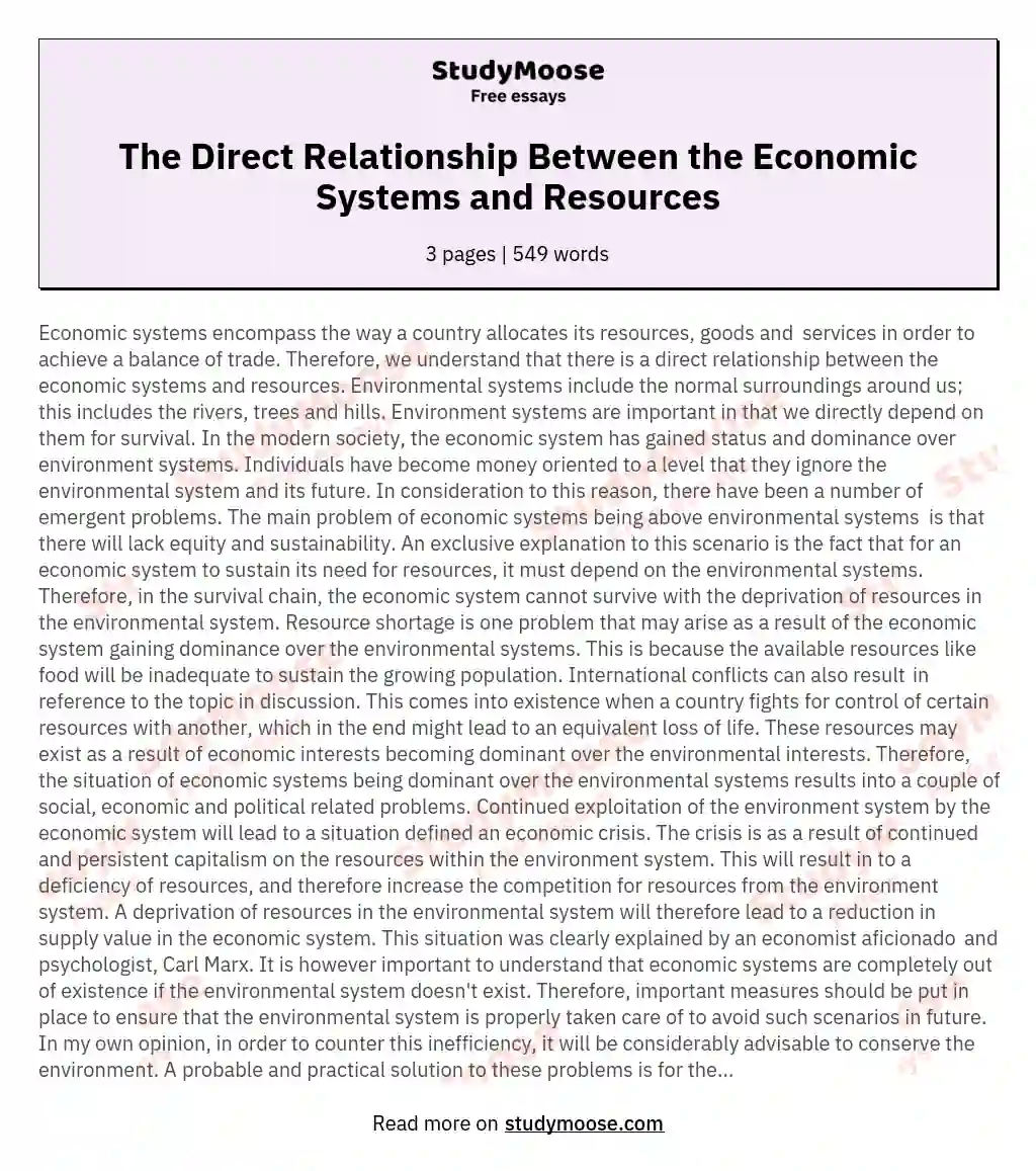 The Direct Relationship Between the Economic Systems and Resources essay