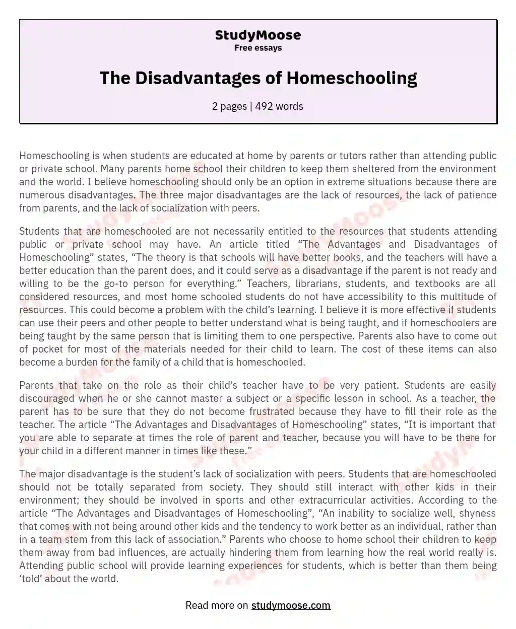 disadvantages of homeschooling essay