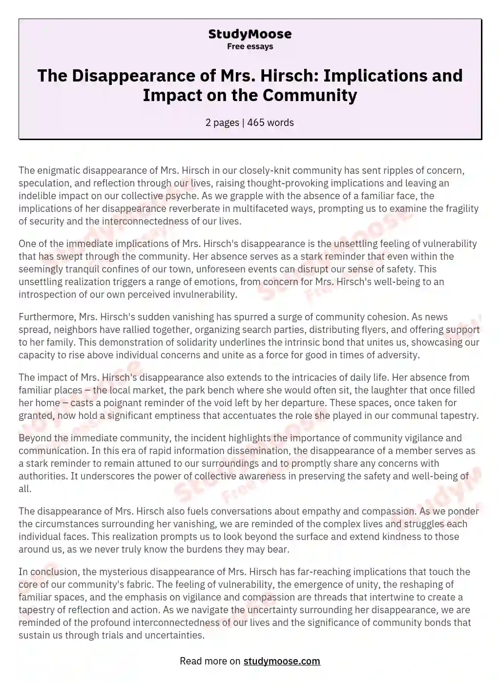 The Disappearance of Mrs. Hirsch: Implications and Impact on the Community essay