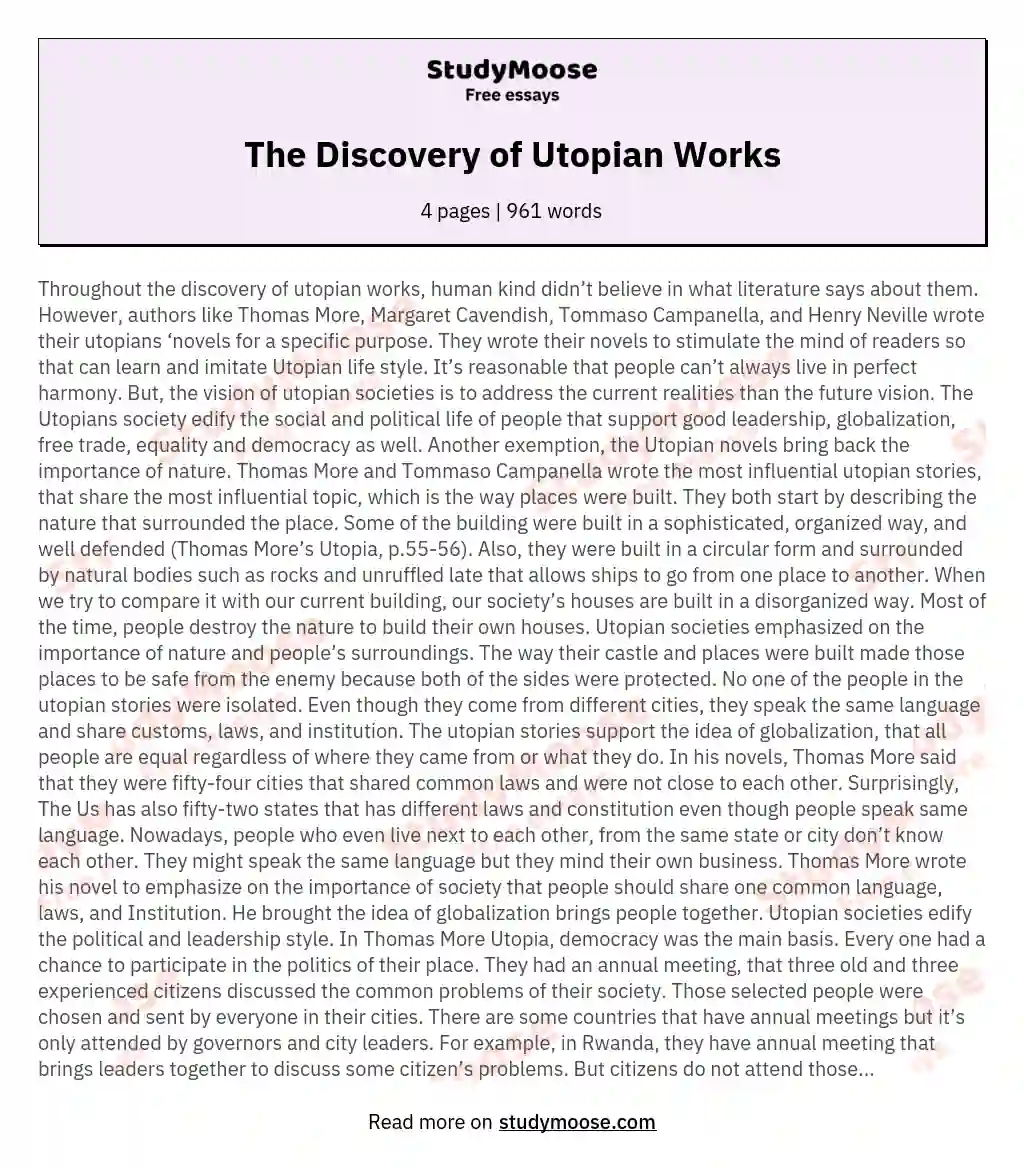 The Discovery of Utopian Works essay