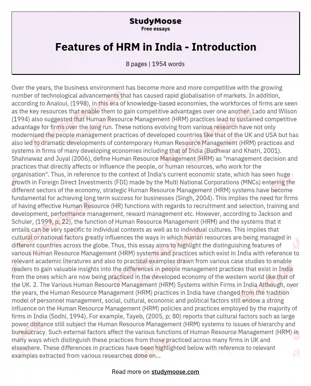 Features of HRM in India - Introduction essay
