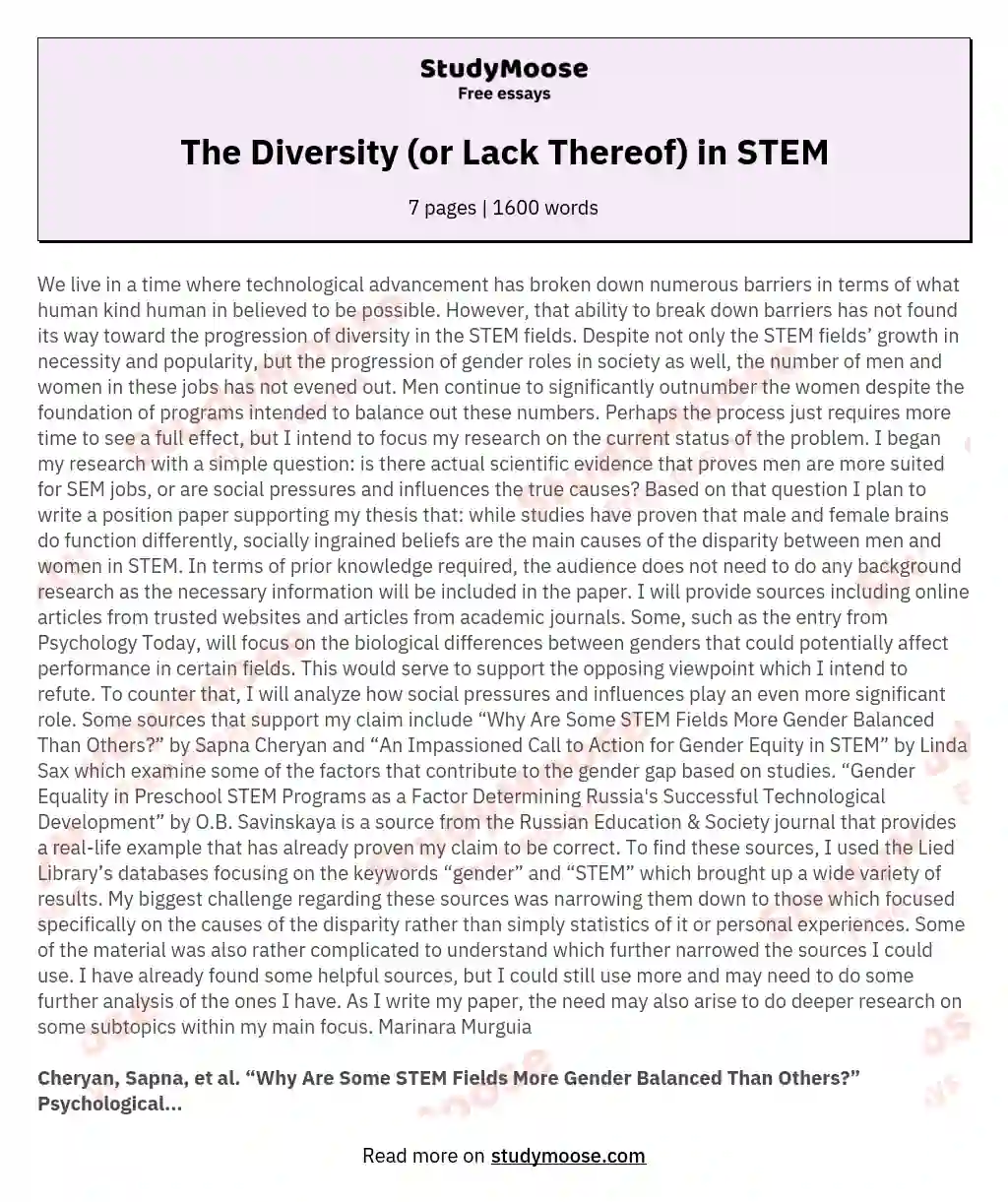 The Diversity (or Lack Thereof) in STEM essay