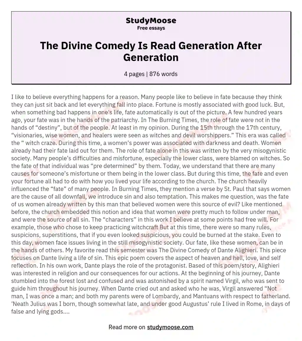 The Divine Comedy Is Read Generation After Generation essay