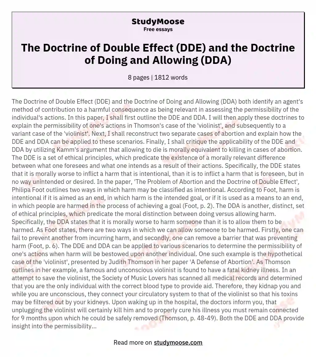 The Doctrine of Double Effect (DDE) and the Doctrine of Doing and Allowing (DDA) essay