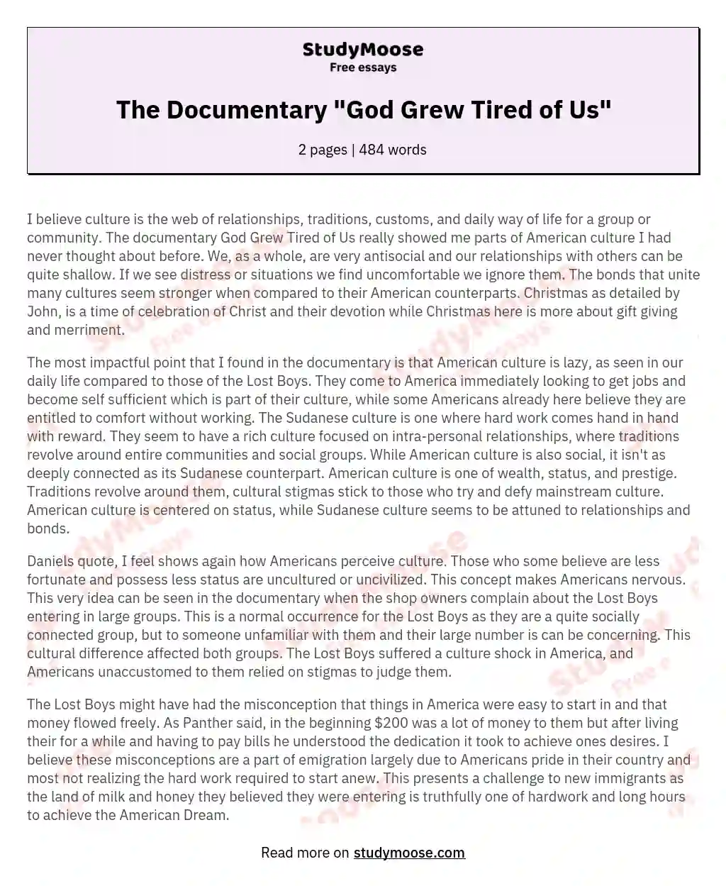 The Documentary "God Grew Tired of Us" essay