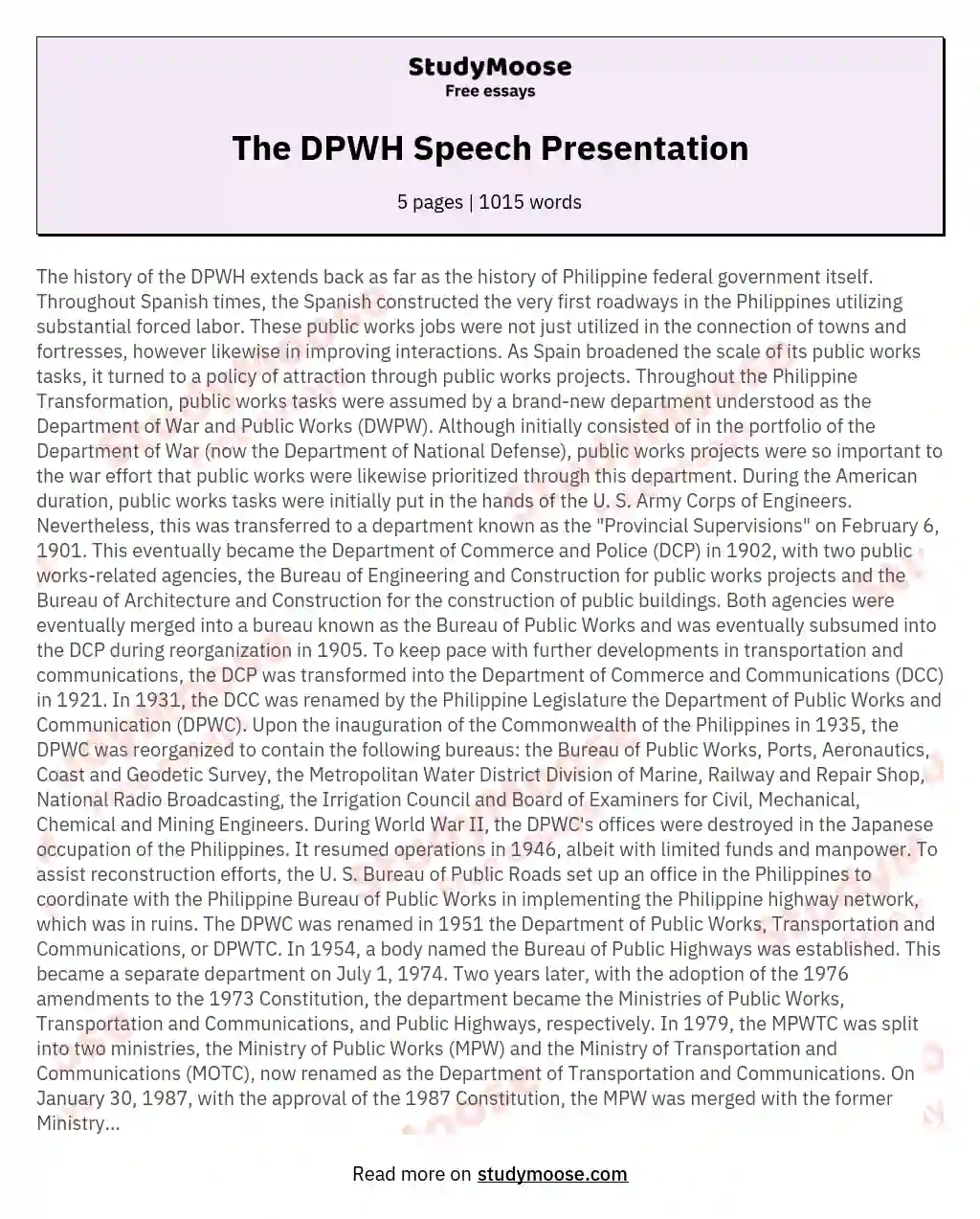The DPWH Speech Presentation essay