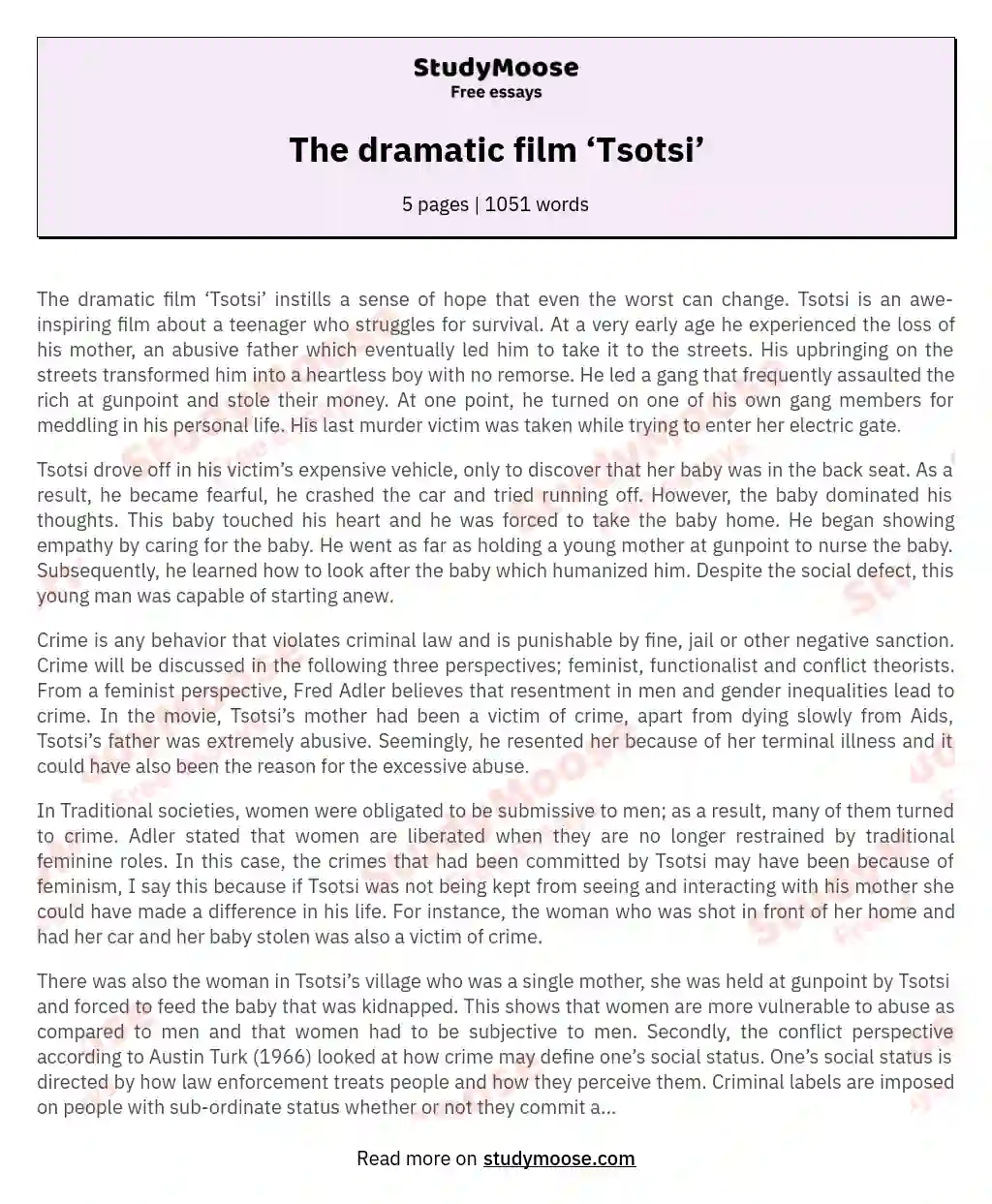 The dramatic film ‘Tsotsi’ essay