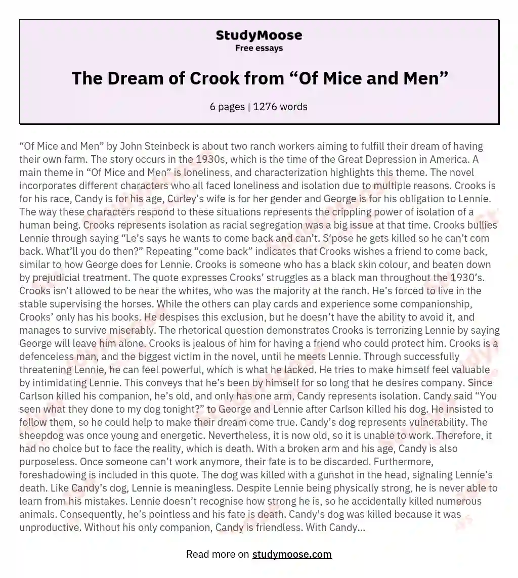 The Dream of Crook from “Of Mice and Men” essay