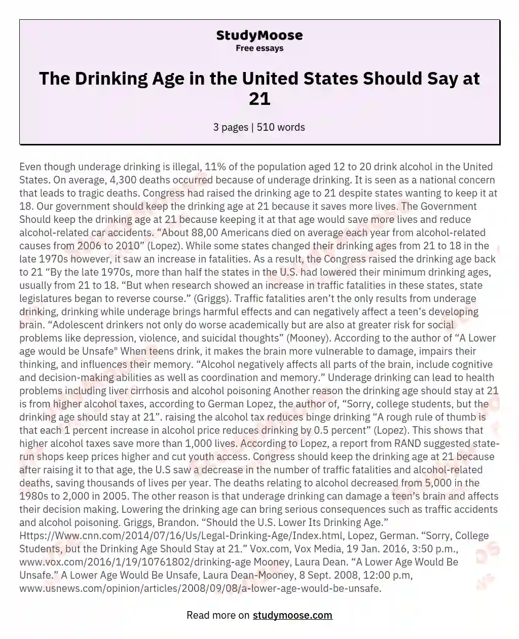 The Drinking Age in the United States Should Say at 21