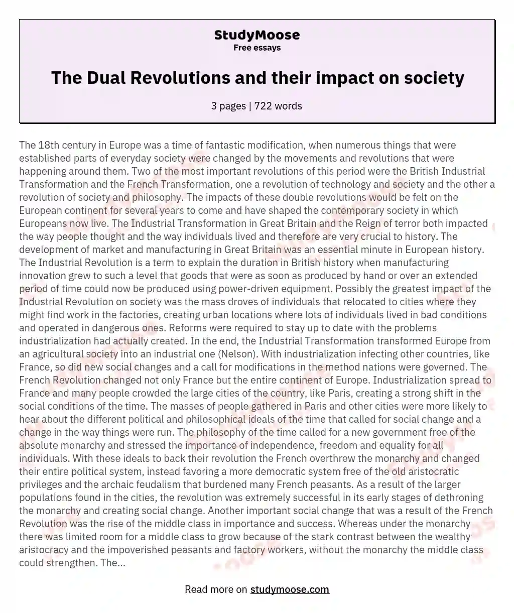 The Dual Revolutions and their impact on society essay