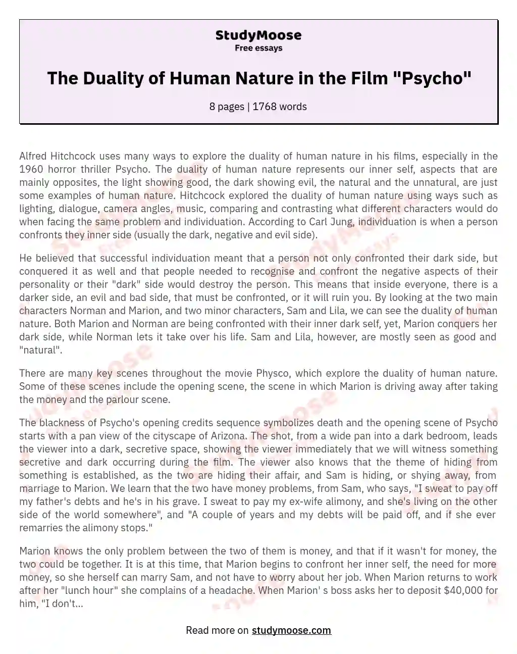 The Duality of Human Nature in the Film "Psycho" essay