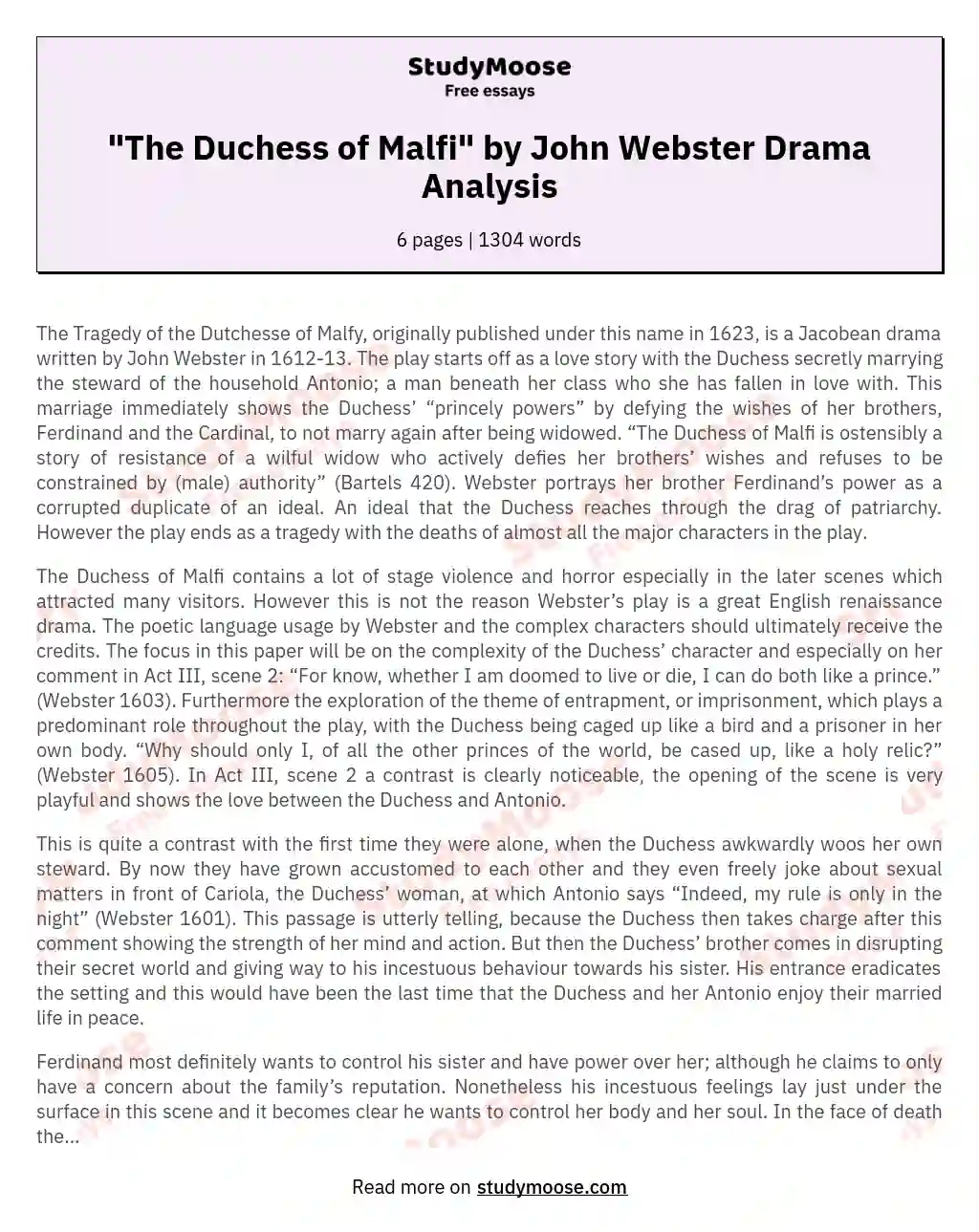 "The Duchess of Malfi" by John Webster Drama Analysis