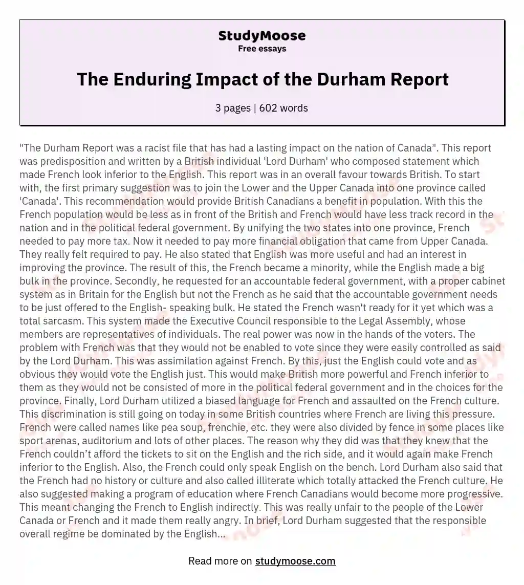The Enduring Impact of the Durham Report Free Essay Example