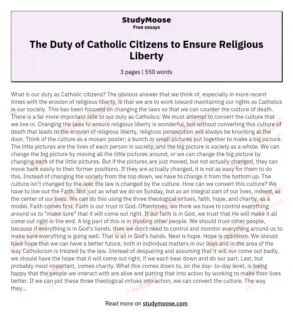 The Duty of Catholic Citizens to Ensure Religious Liberty essay