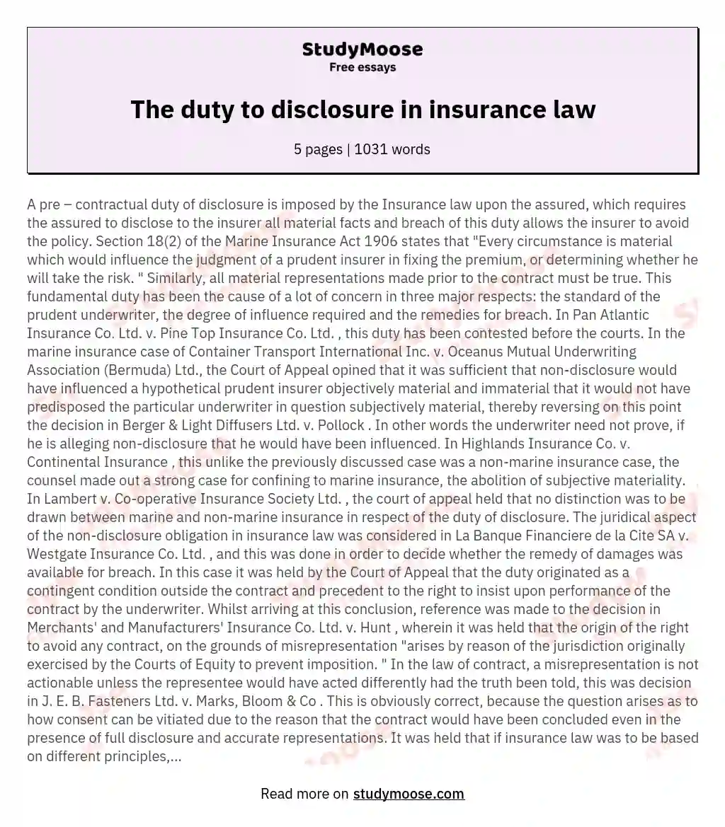 The duty to disclosure in insurance law