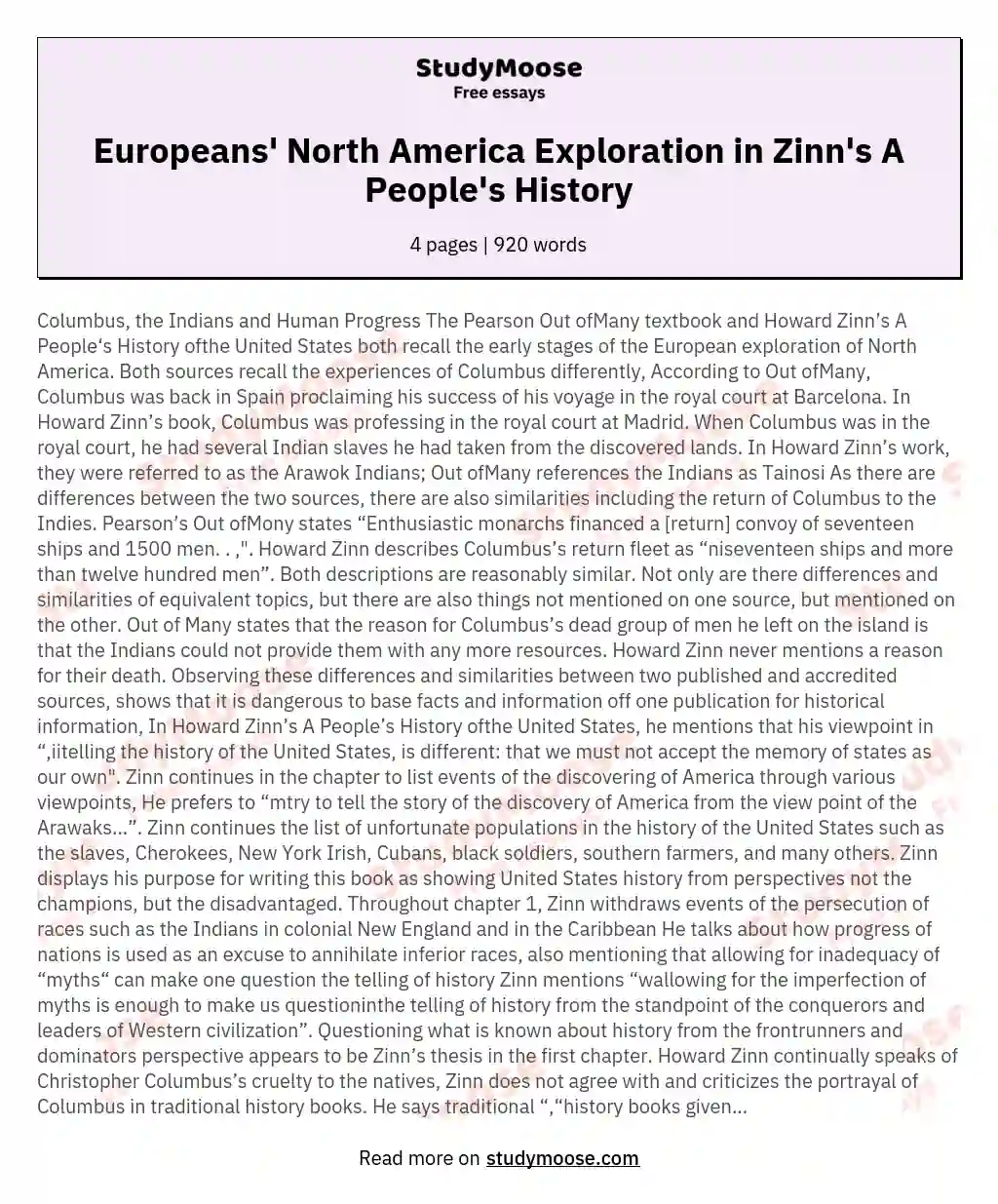 Europeans' North America Exploration in Zinn's A People's History essay