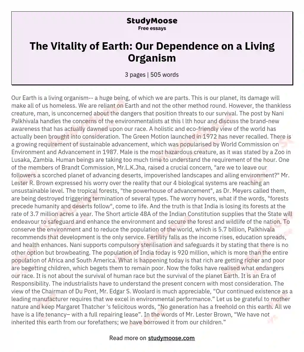 The Vitality of Earth: Our Dependence on a Living Organism essay