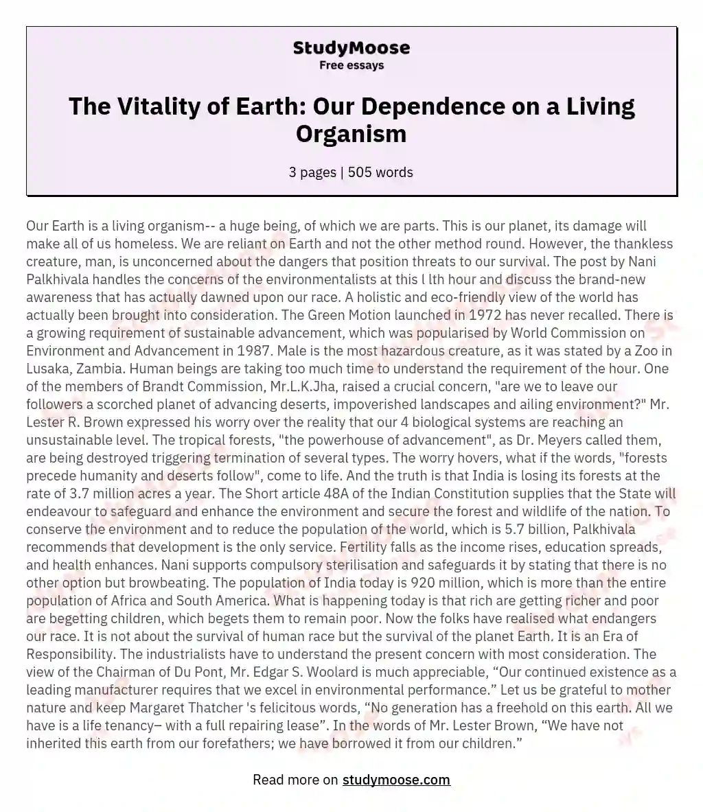 The Vitality Of Earth Our Dependence On A Living Organism Free Essay 