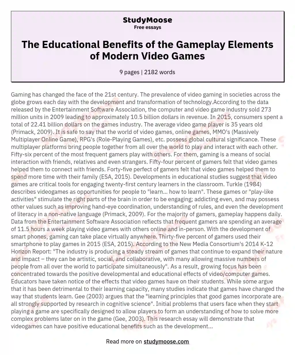 The Educational Benefits of the Gameplay Elements of Modern Video Games essay