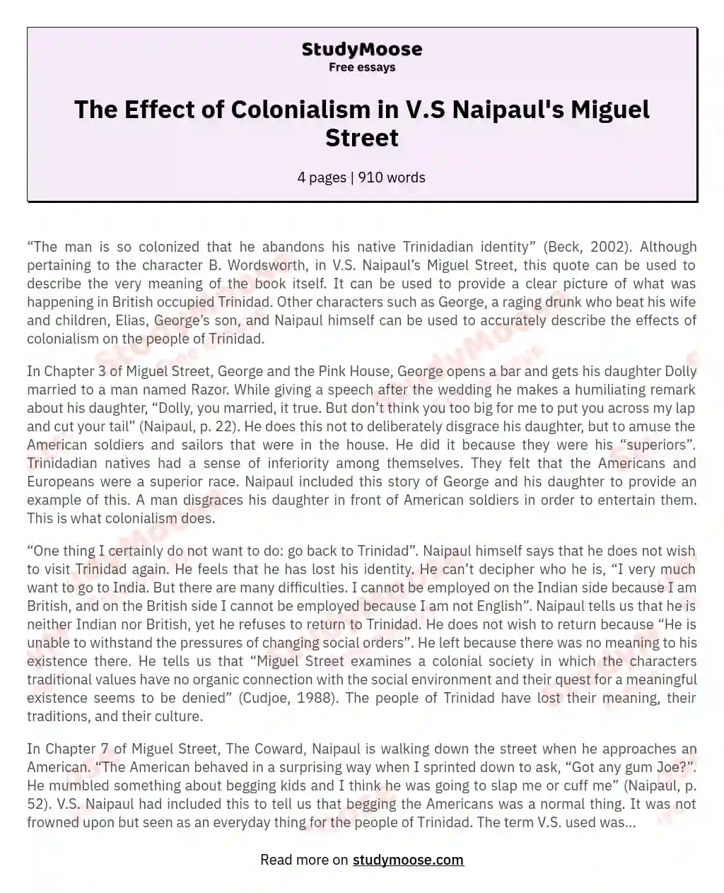 The Effect of Colonialism in V.S Naipaul's Miguel Street essay