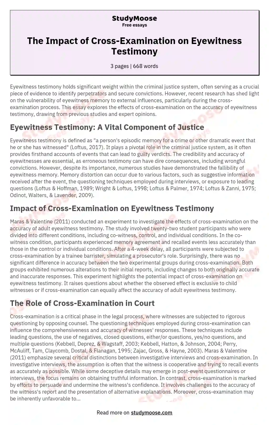 The Impact of Cross-Examination on Eyewitness Testimony essay