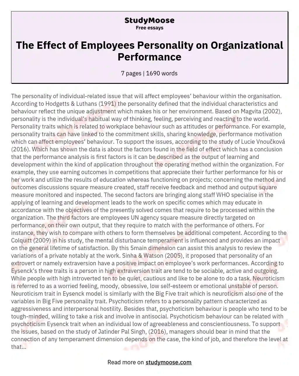 The Effect of Employees Personality on Organizational Performance essay