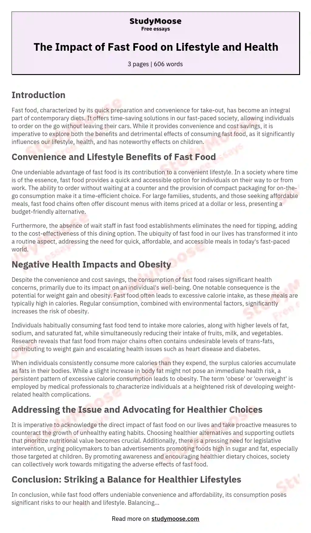 The Impact of Fast Food on Lifestyle and Health essay