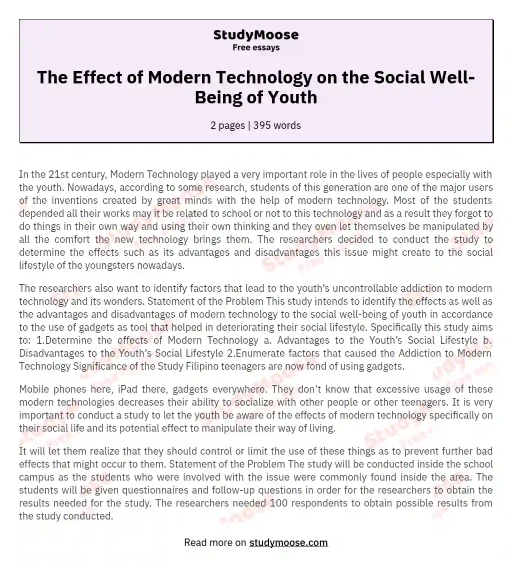 The Effect of Modern Technology on the Social Well-Being of Youth essay