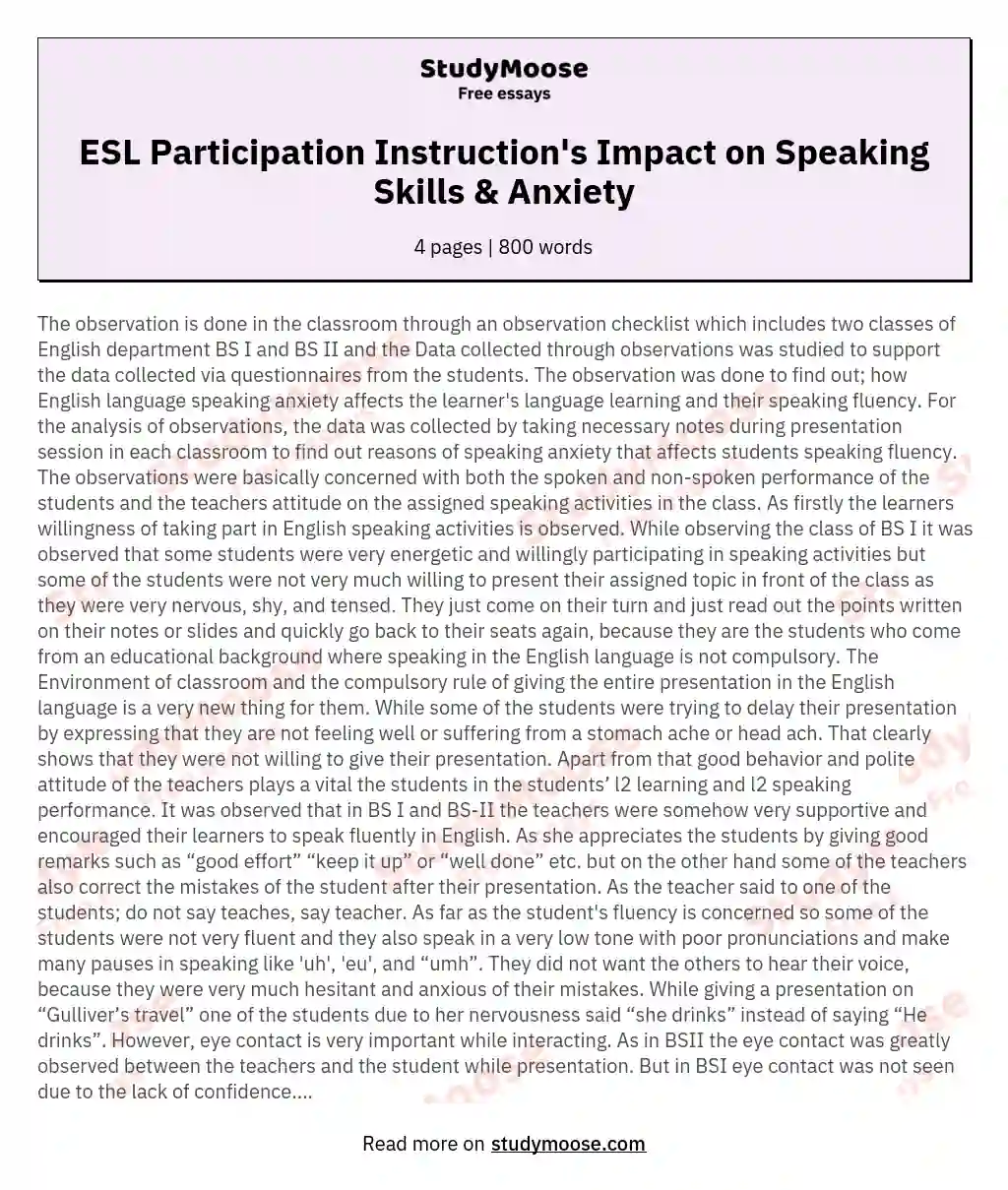 ESL Participation Instruction's Impact on Speaking Skills & Anxiety essay
