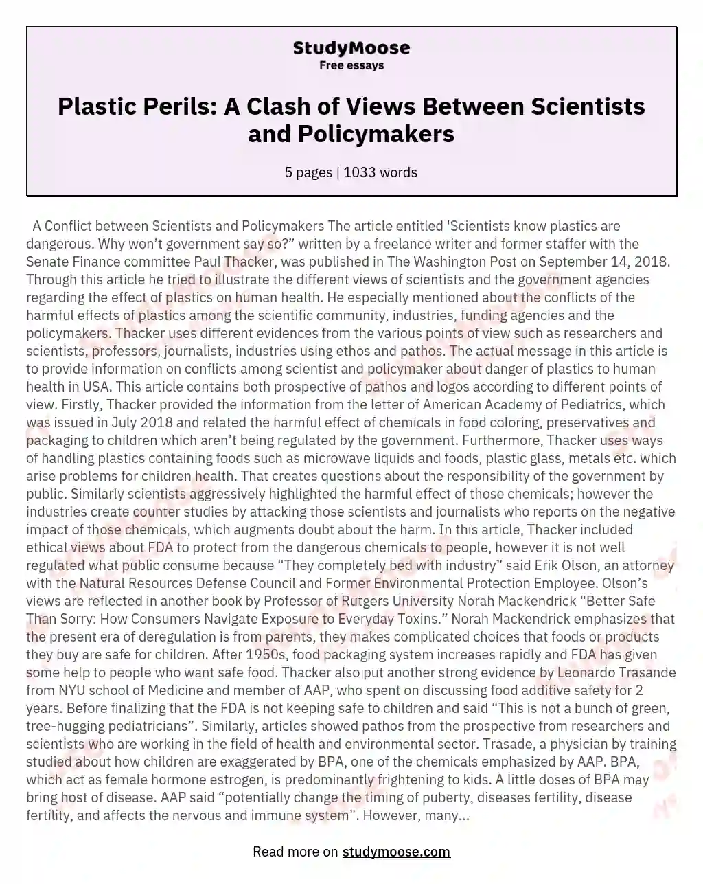 Plastic Perils: A Clash of Views Between Scientists and Policymakers essay