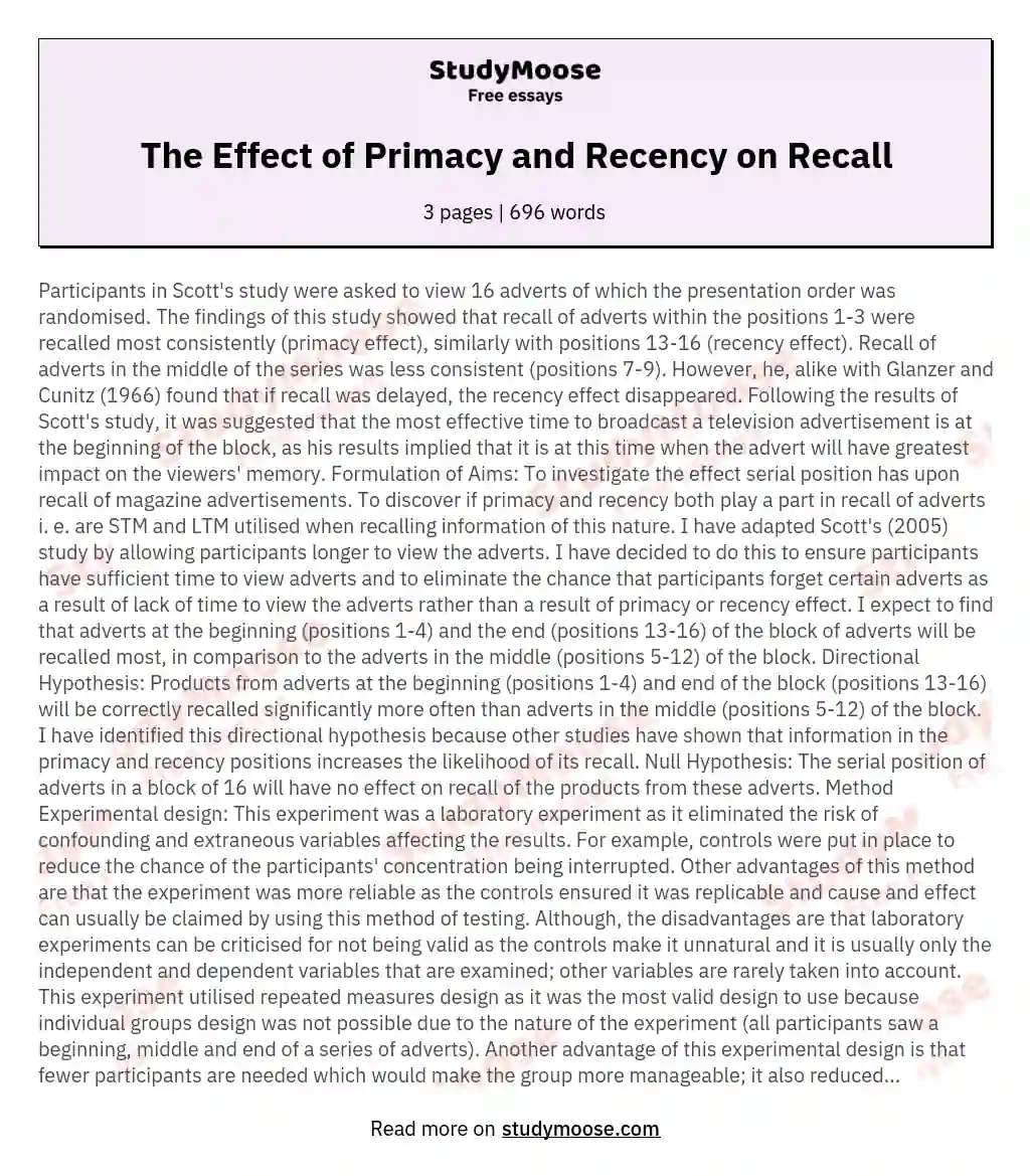 The Effect of Primacy and Recency on Recall essay