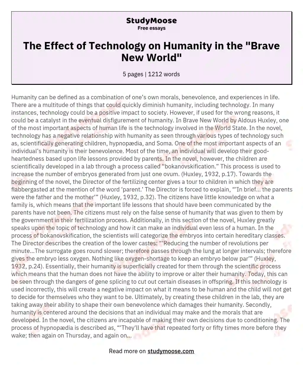 The Effect of Technology on Humanity in the "Brave New World"