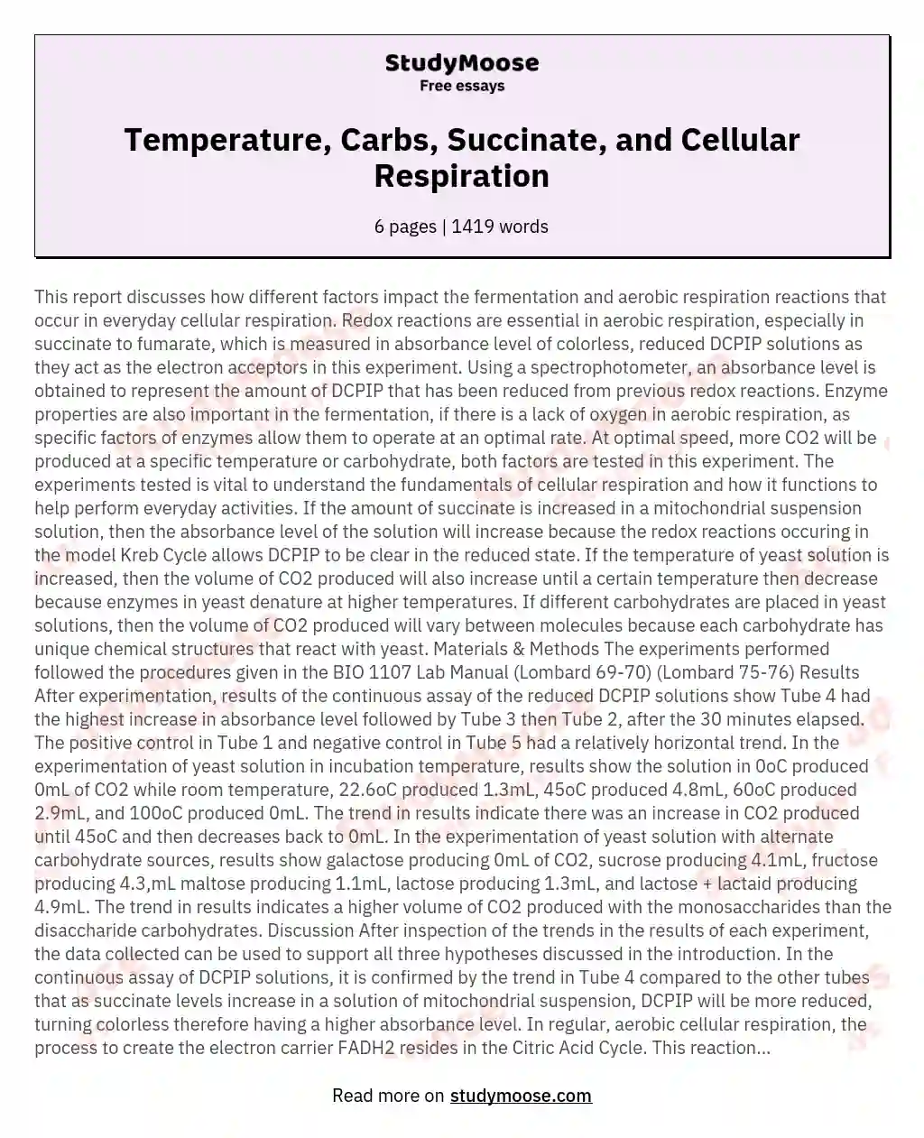 Temperature, Carbs, Succinate, and Cellular Respiration essay