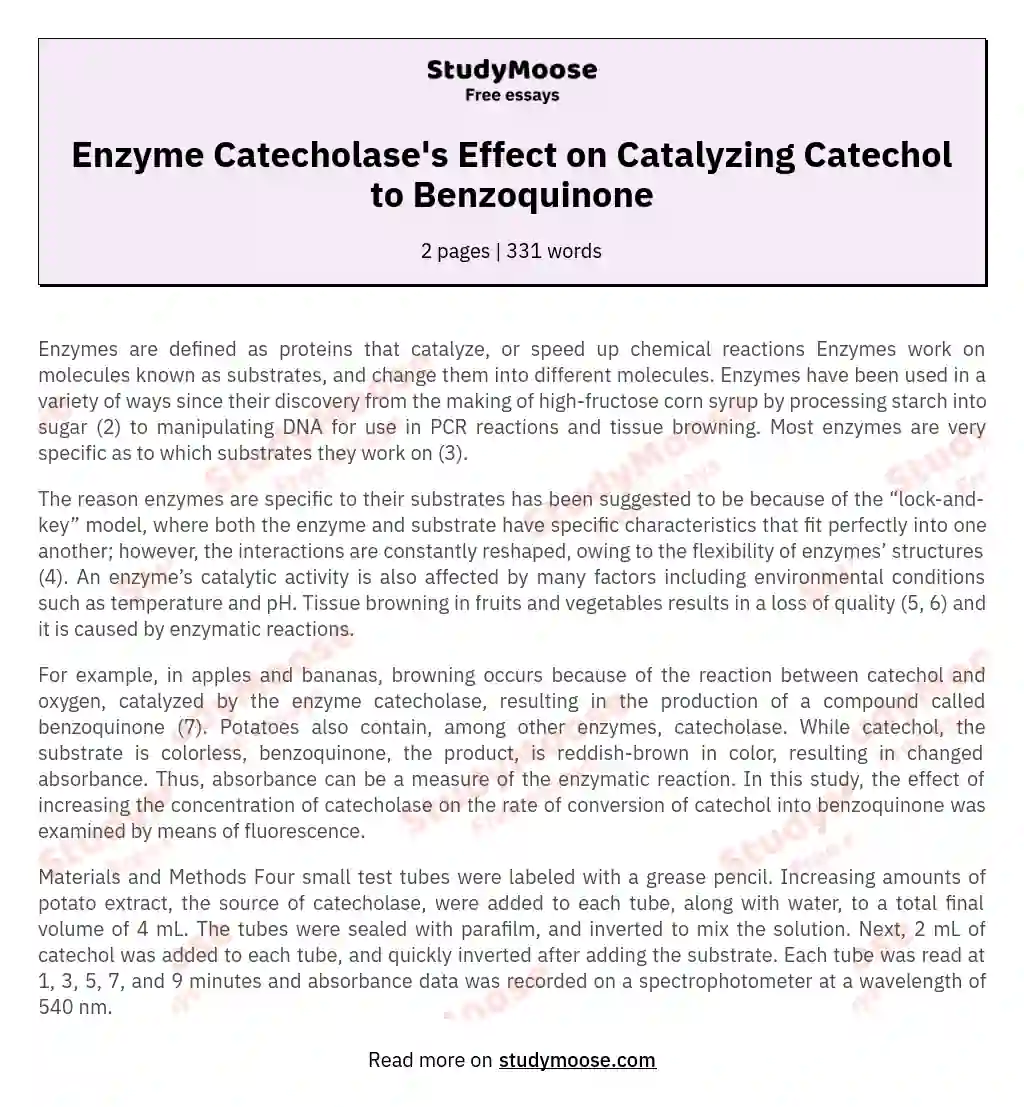 Enzyme Catecholase's Effect on Catalyzing Catechol to Benzoquinone essay