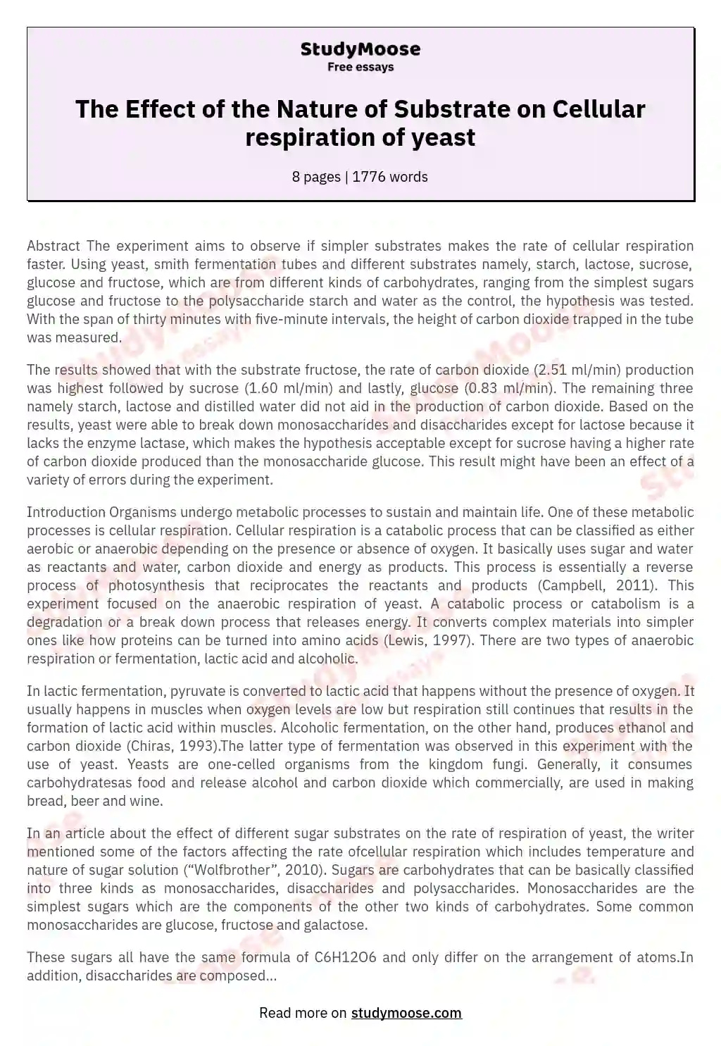 The Effect of the Nature of Substrate on Cellular respiration of yeast essay