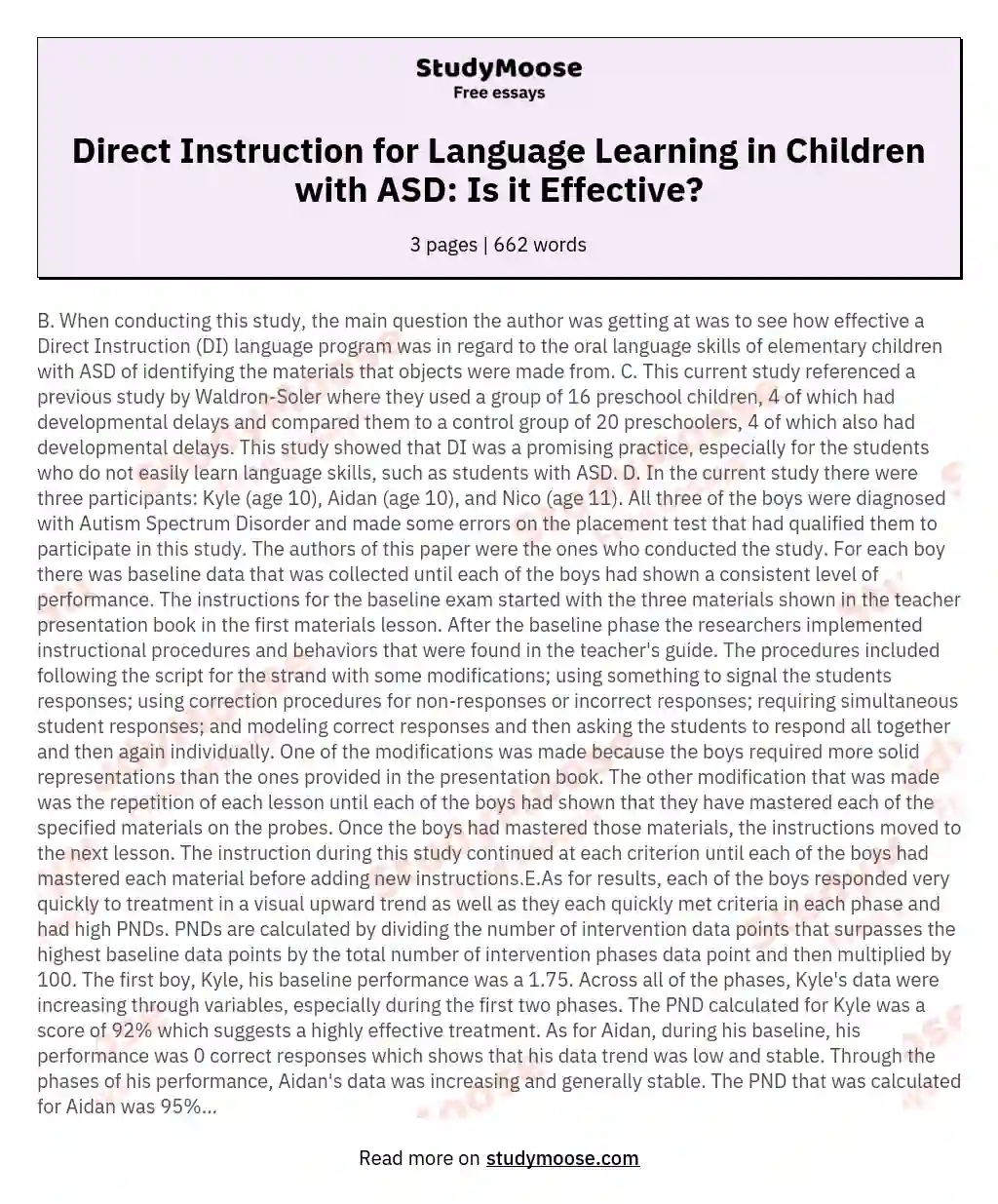 Direct Instruction for Language Learning in Children with ASD: Is it Effective? essay