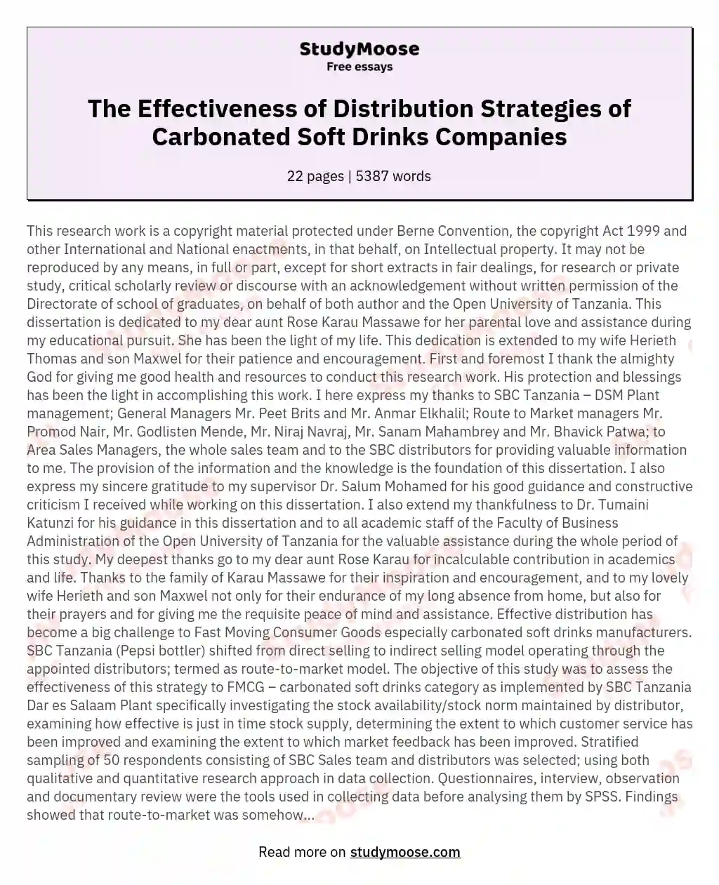 The Effectiveness of Distribution Strategies of Carbonated Soft Drinks Companies essay