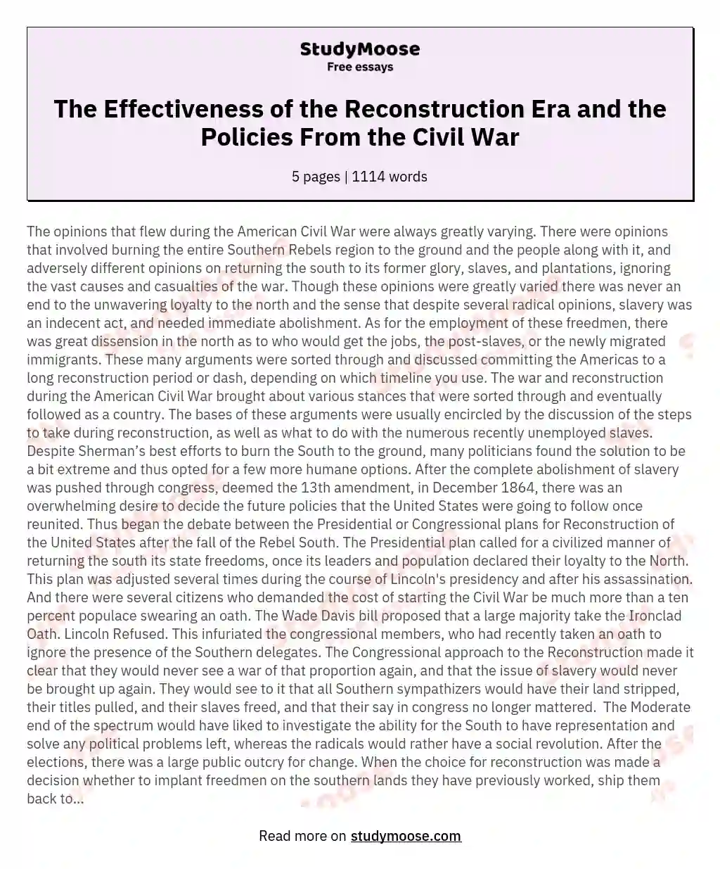 The Effectiveness of the Reconstruction Era and the Policies From the Civil War essay