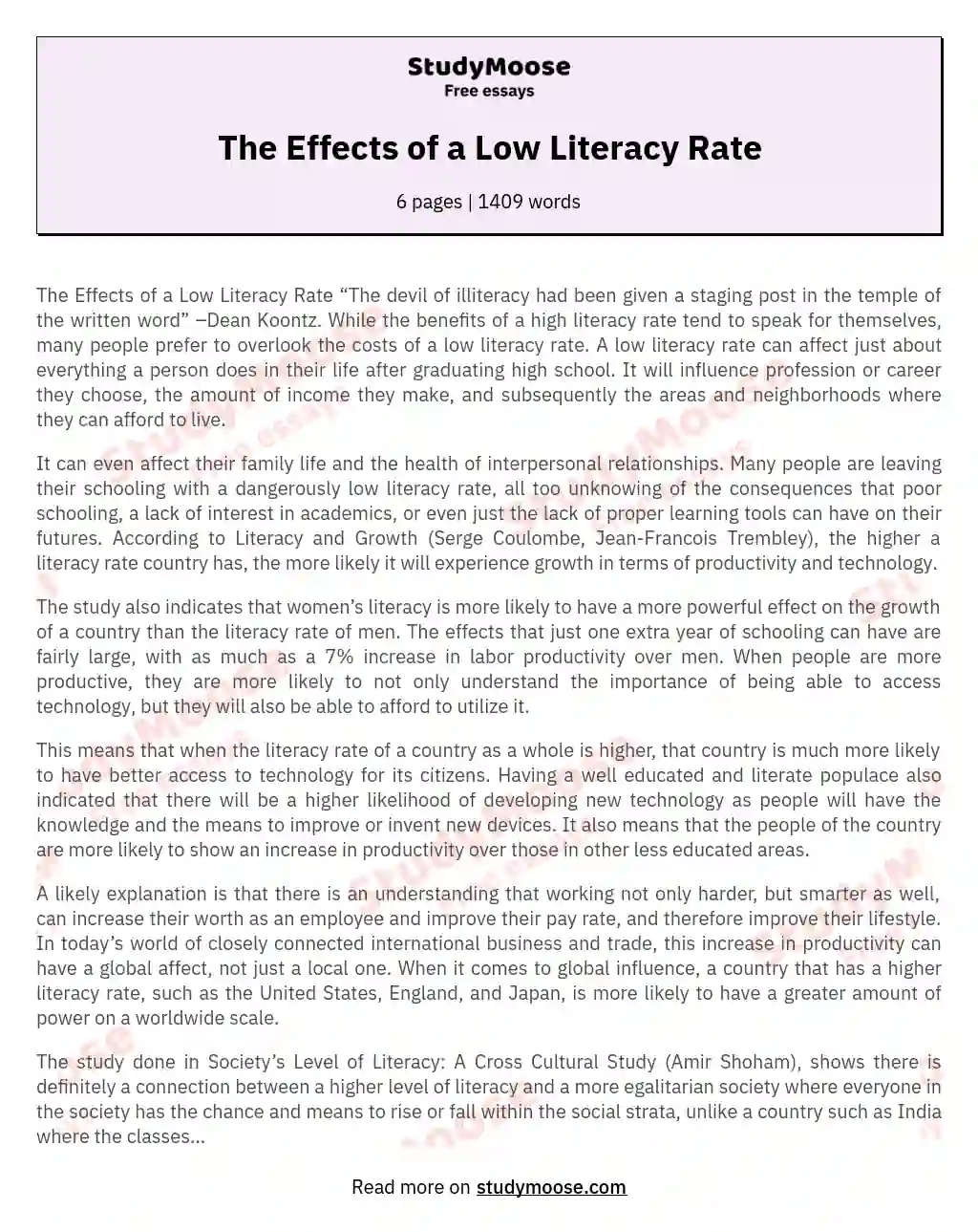 The Effects of a Low Literacy Rate essay