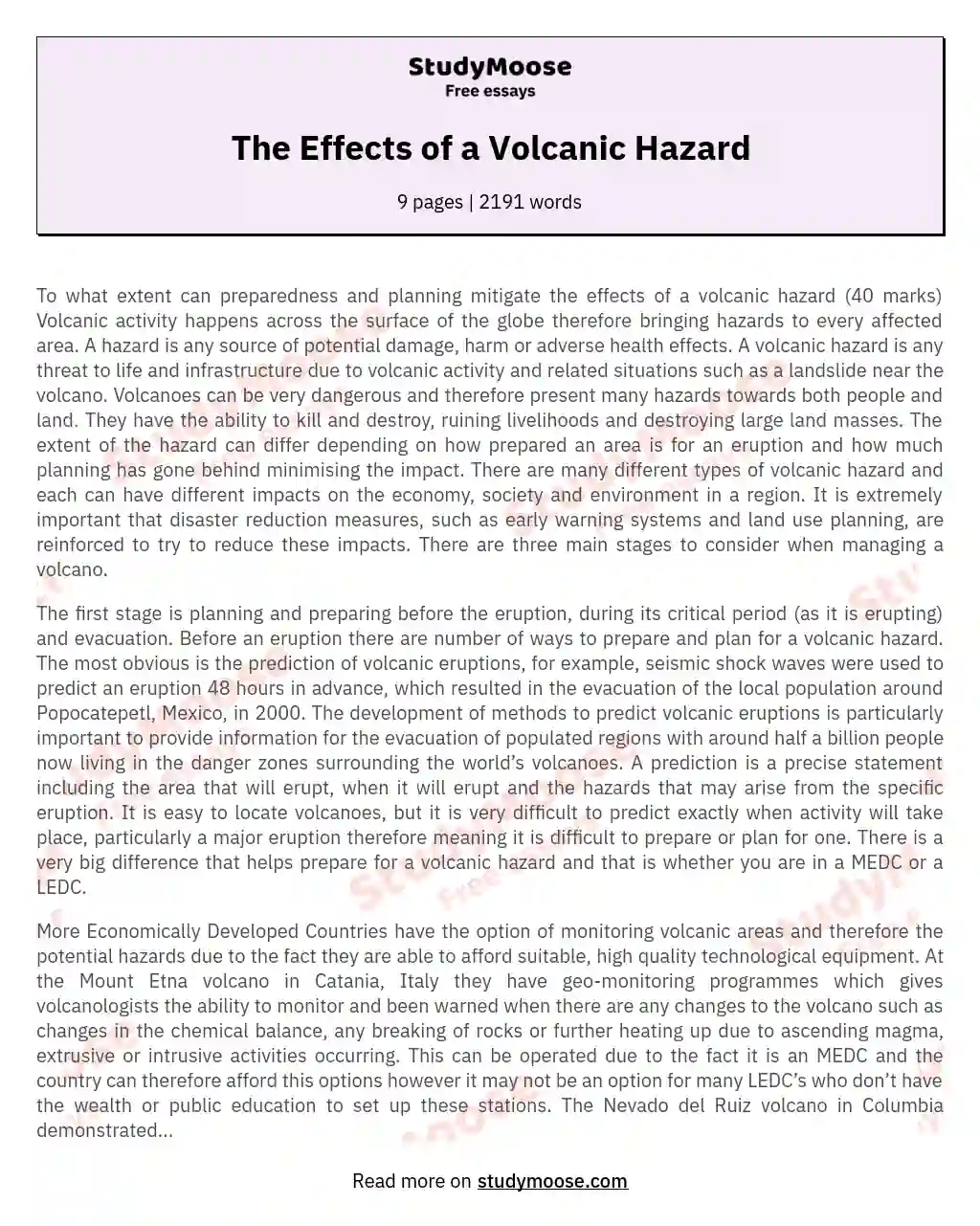 The Effects of a Volcanic Hazard essay