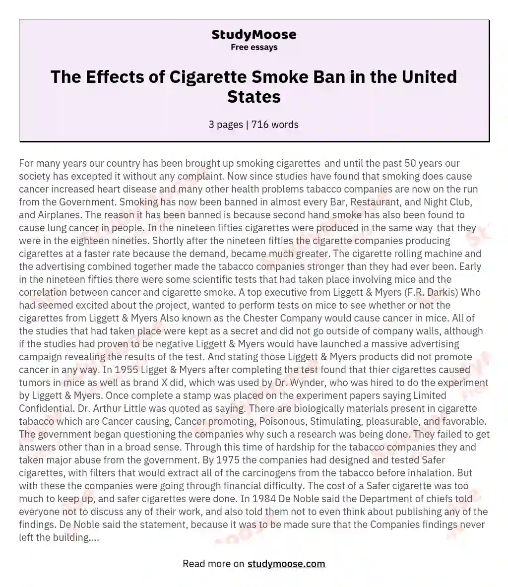 The Effects of Cigarette Smoke Ban in the United States essay