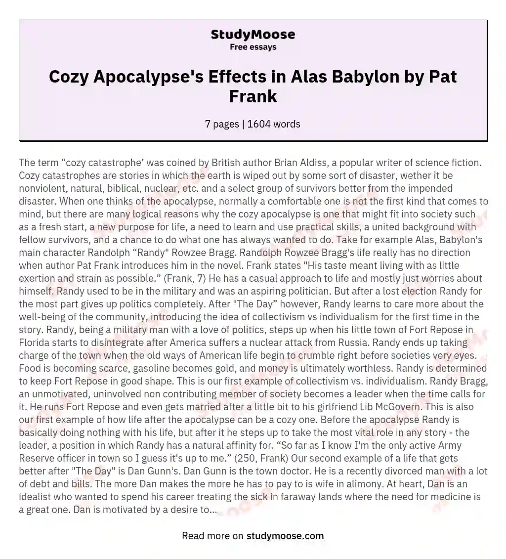 Cozy Apocalypse's Effects in Alas Babylon by Pat Frank essay