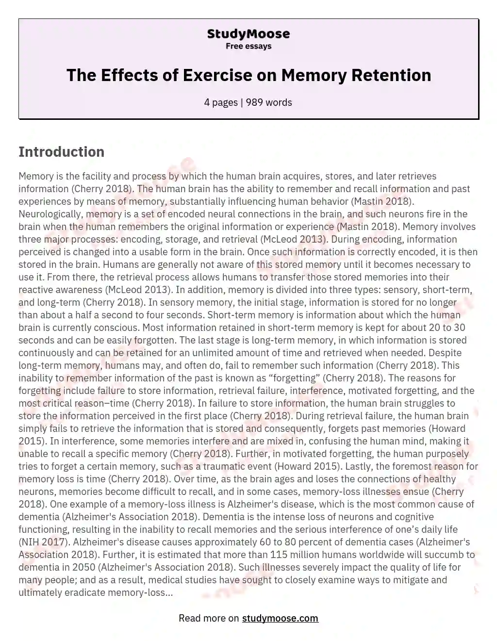 The Effects of Exercise on Memory Retention essay