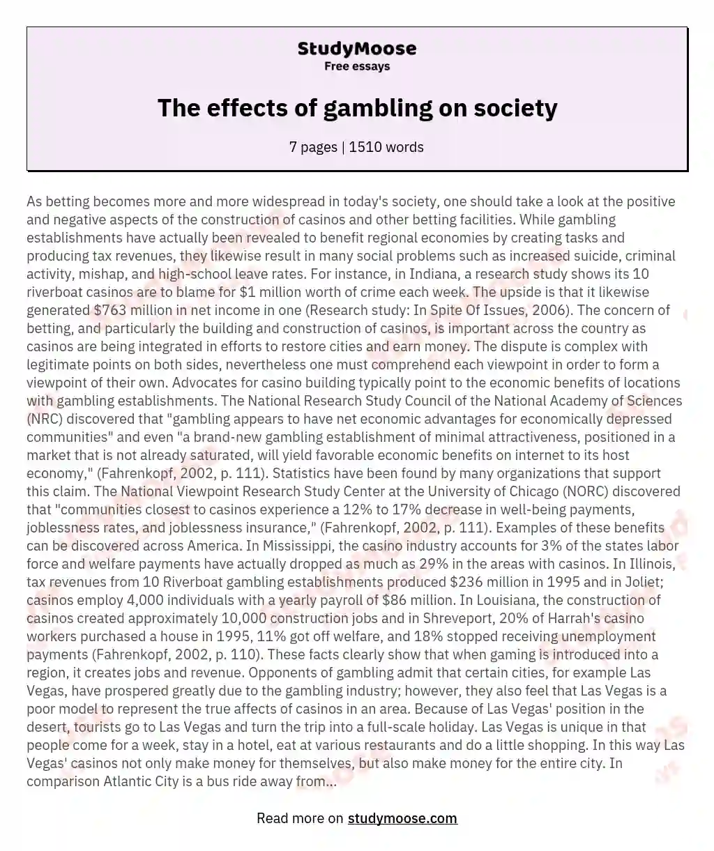 The effects of gambling on society essay