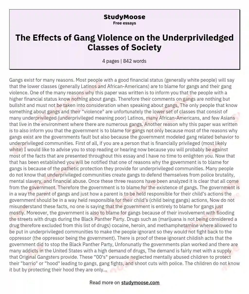 The Effects of Gang Violence on the Underpriviledged Classes of Society essay