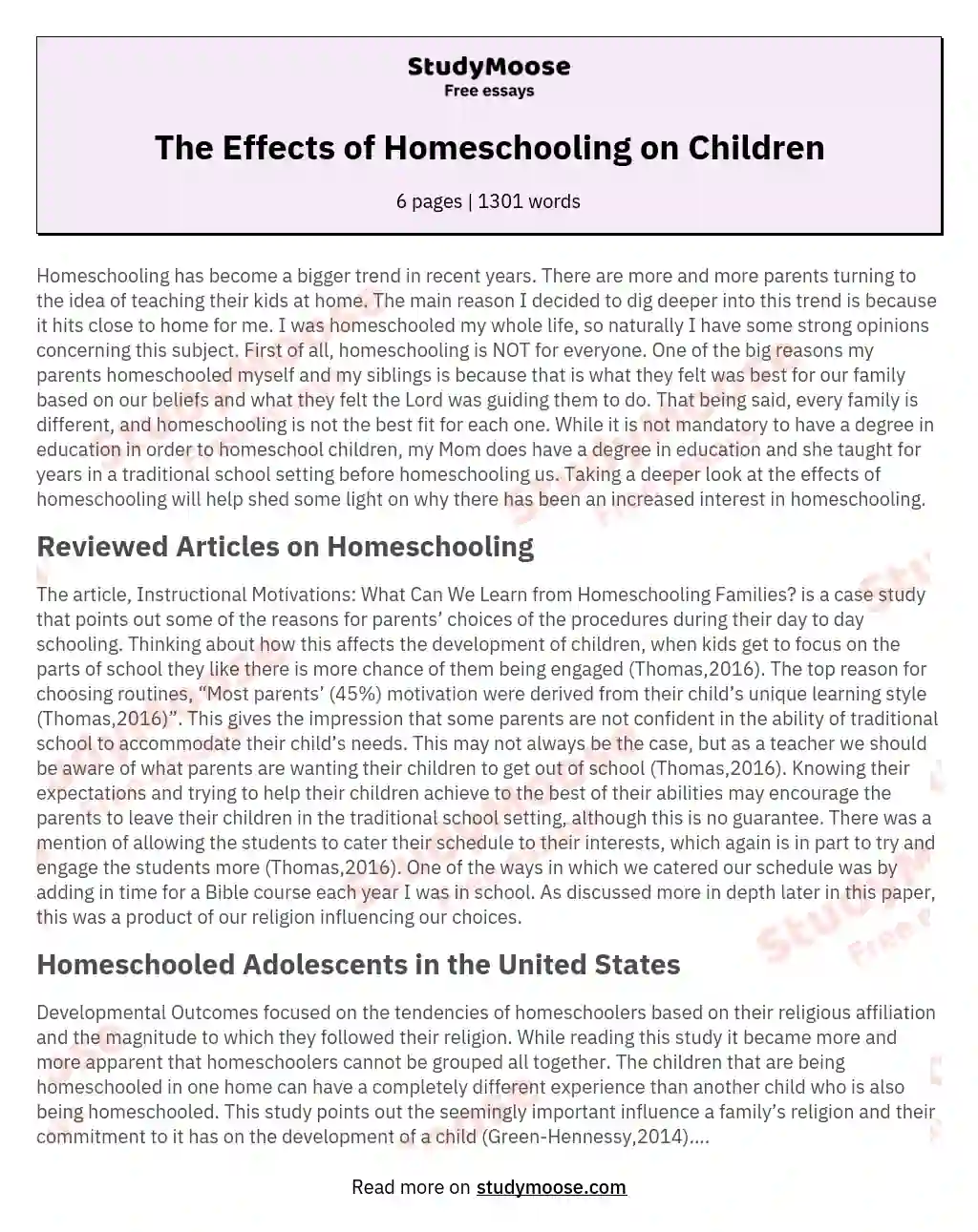 The Effects of Homeschooling on Children essay