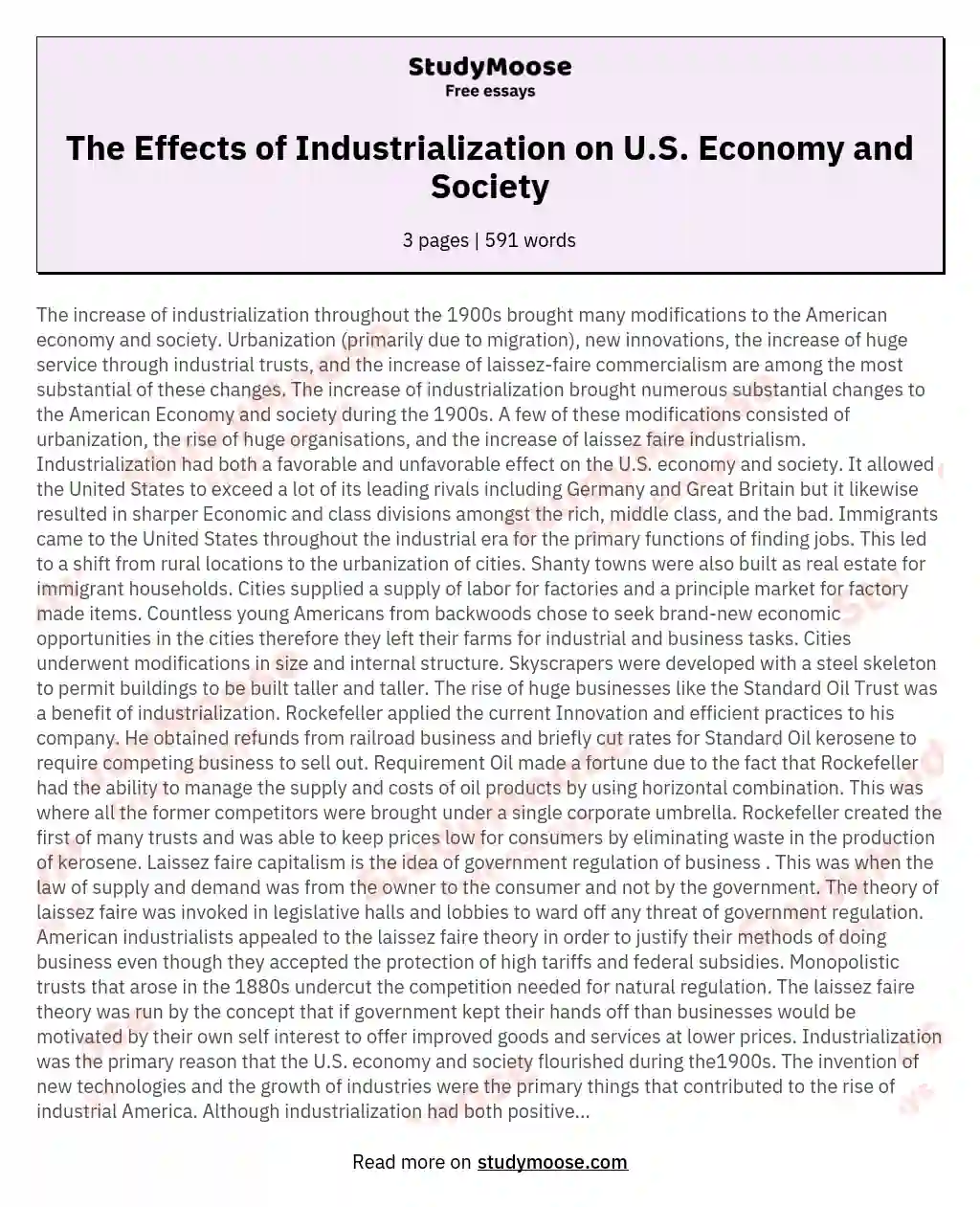 The Effects of Industrialization on U.S. Economy and Society essay